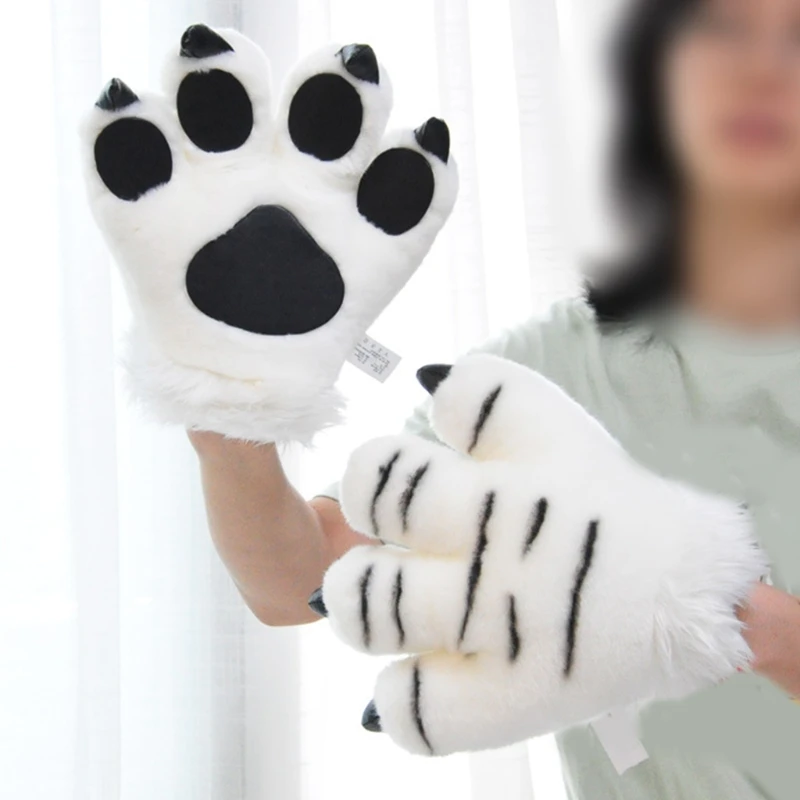 Simulation Tiger/Panda Paw Plush Gloves Striped Fluffy Animal Stuffed Toys Padded Hand Warmer Halloween Cosplay Costume Mitten