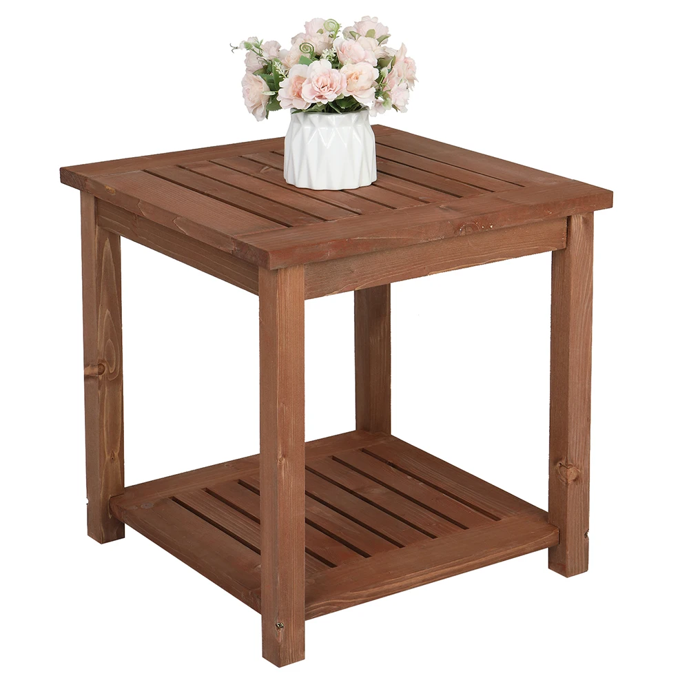 Outdoor Patio Side Table Coffee Table with Storage Shelf Wood Square 45x45x45CM Carbonized Color[US-Stock]