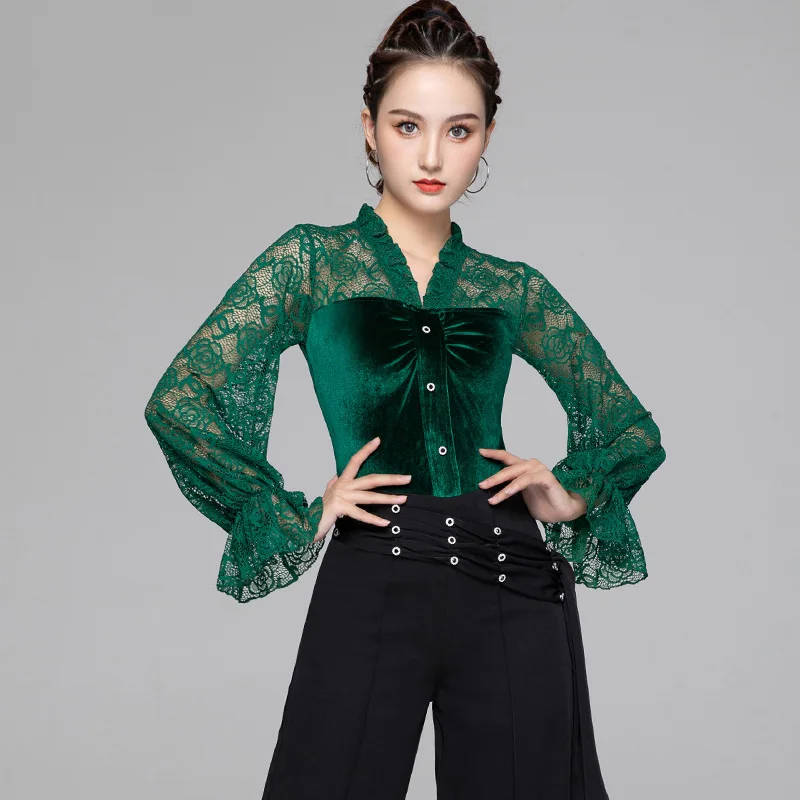 

Latin Dance Tops Lace Long Sleeve Velvet Shirt Professional Rumba Dance Practice Clothing Samba Rumba Training Clothes DQL6386