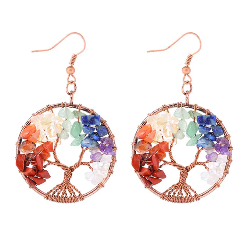 Charms 7 Chakra Natural Stone Tree Of Life Pendulum Crystal Earrings For Women Healing Drop Pendant Earring Quartz Reiki Jewelry