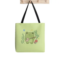 Sac de shopping en toile pour femme, sac à main Kawaii, mignon, grenouille, banjo, papillon, sac de shopping Harajuku, sac fourre-tout pour fille, initié