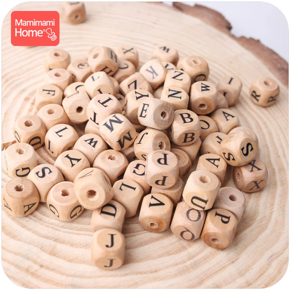 15PCS  Baby Wooden Teether English Letter Beads Food Grade Wood Teether 15PCS 12MM DIY Nursing Necklace Children\'S Goods Toys