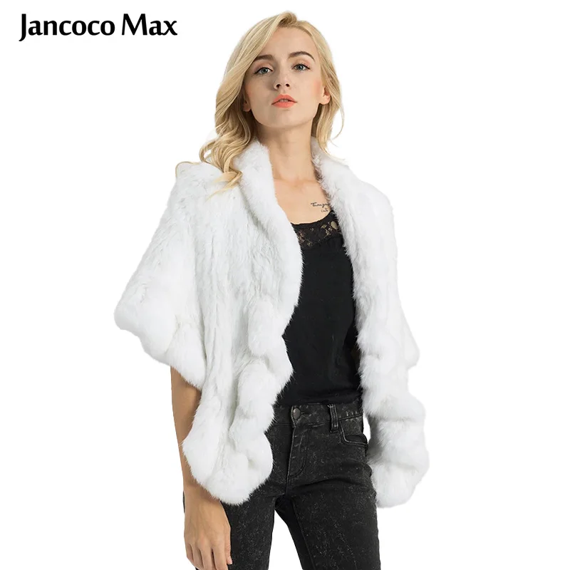 Jancoco Max New Spring Real Rabbit Fur Poncho Women Thick Knitted Fur Shawls Soft Warm Fashion Poncho S1025