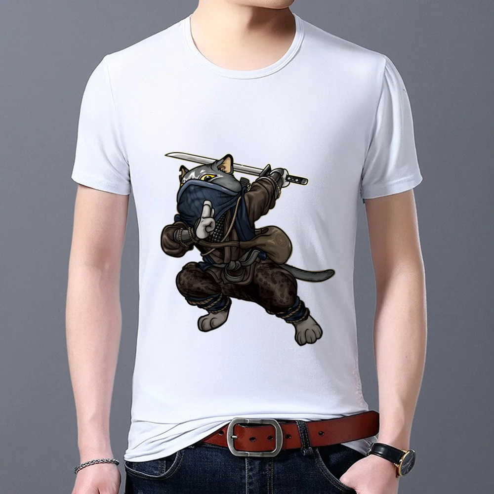 

Man's T-shirt Round Neck Funny Samurai Print Trend Japanese Commuter All-match Man's White Breathable Short-sleeved Shirt