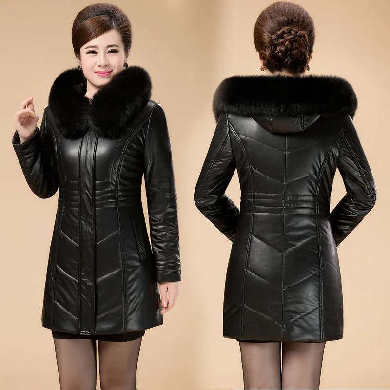 

2024 Middle aged Women's Leather Jacket Winter New Thicken Warm Slim Big Fur Collar Mid-length Leather Coat Female Outerwear 6XL