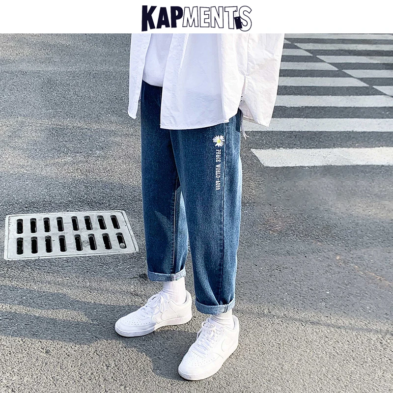 KAPMENTS Men Korean Daisy Harem Jeans Pants 2023 Mens Harajuku Streetwear Blue Straight Baggy Jeans Male Designer  Denim Joggers