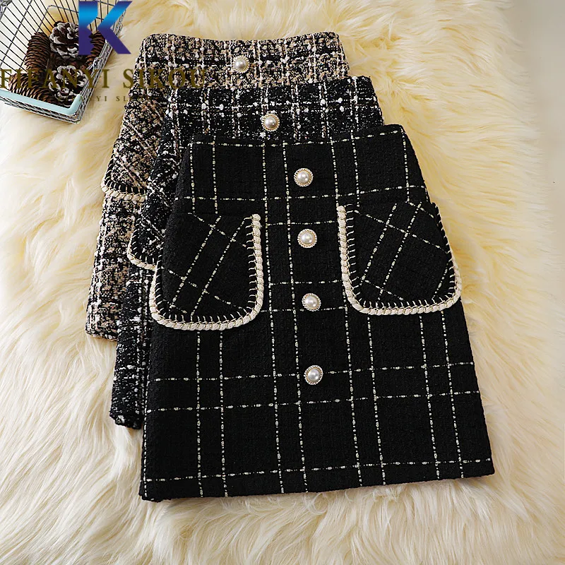 

Plaid Tweed Skirt Women Autumn Winter Fsahion High Waist Mini Skirt Single Breasted Pocket Loose A-Line Short Skirts Female