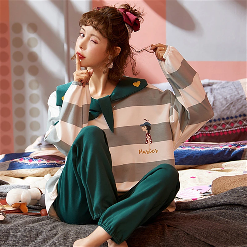 Autumn home service pajamas women's cotton long-sleeve cartoon creative cute fashion new robe net red hot sale sexy nightwear