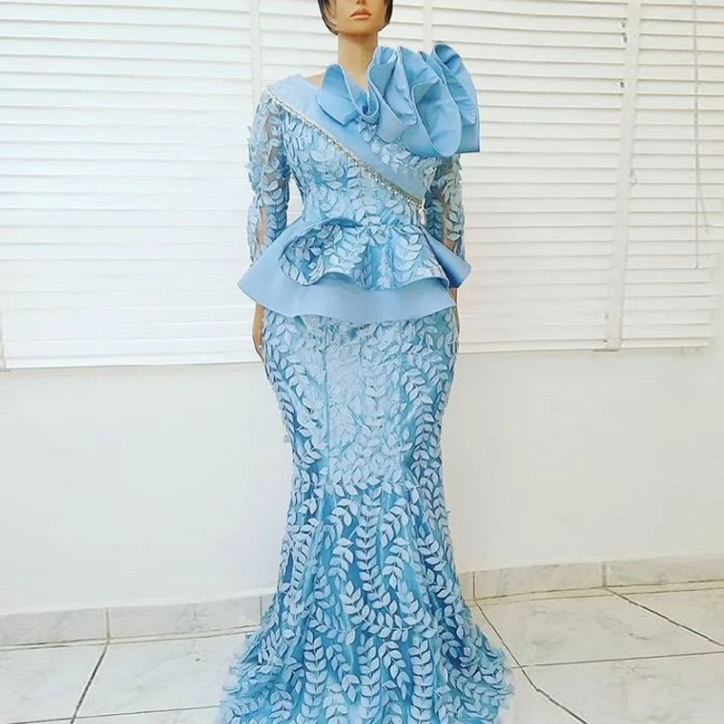 Aso Ebi Style 2022 New Prom Dresses Lace Blue Mermaid African Dress Wedding Party Wear Long Sleeves Nigerian Arabic Evening Gown