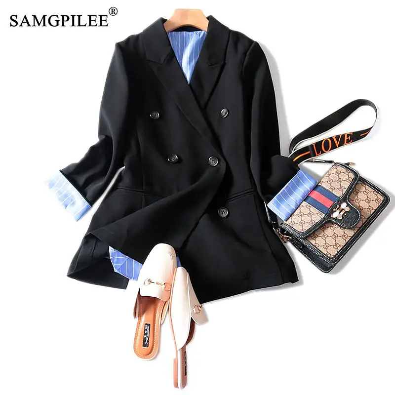 

Women Blazers And Jackets 2020 Blaser Feminino Three Quarter Solid Double Breasted Notched Pockets Office Lady Blazer Oversize