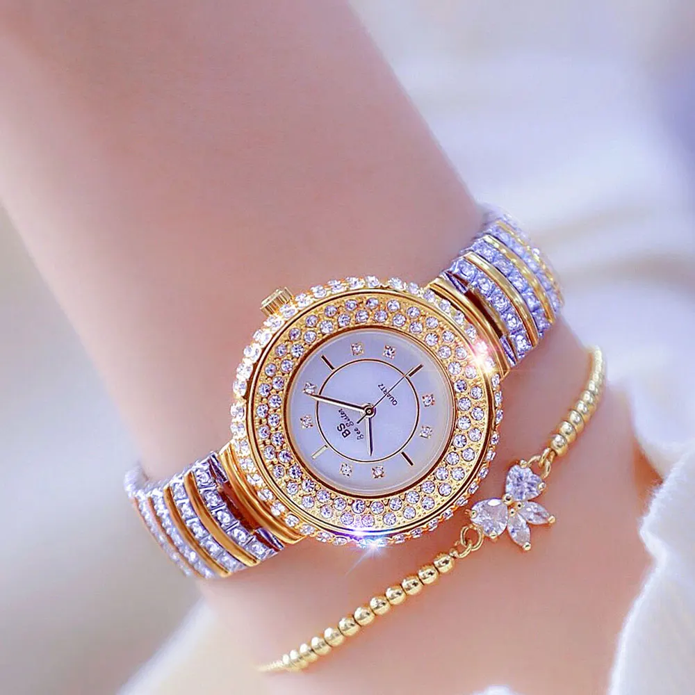 Luxury Korean Women\'s Full Rhinestone Watch Fashion Round Dial Quartz Waterproof Stainless Steel Party Wrist Watch for Wife Gift