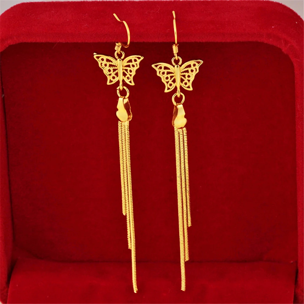 24K Gold Plated Charm Earrings For Women Long Tassel Drop Earing Brincos Femme 2021 Wedding Jewelry Accesories Party Gifts