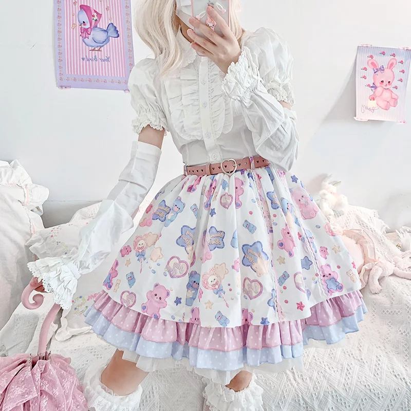 Lovely Bear Sweet Soft Cute Girl Cake Skirt Lolita vita alta simpatico cartone animato moda Kawaii Girl Lace Bowknot Cosplay Cos Loli