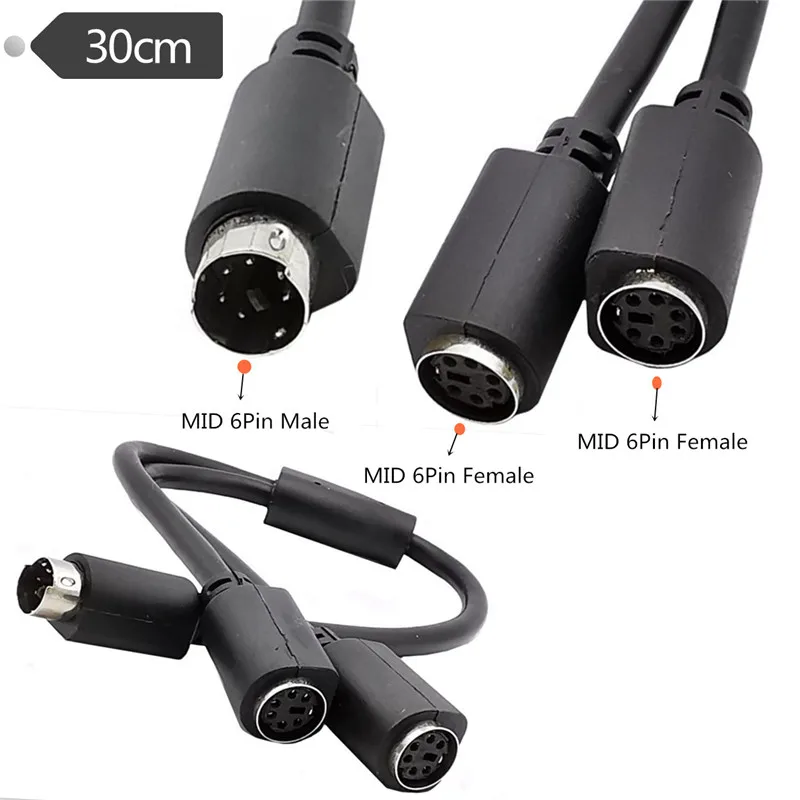 Mini DIN 6-Pin Splitter Y Adapter Cable 6 Pin  PS/2 PS2  Data One Male to two Female Cable 0.3m 30cm