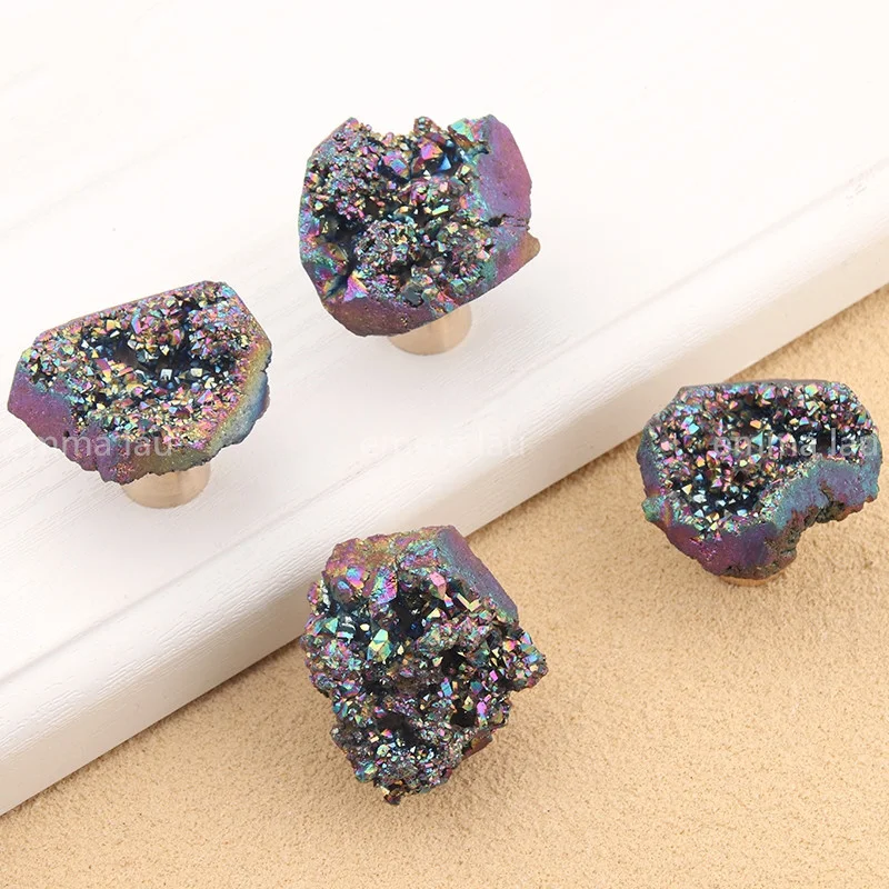 Natural Crystal Stone Knob and Handle With Brass Base Irregular Single Hole Drawer Cupboard Closet Door Knobs Furniture Pulls