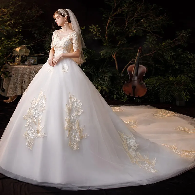 2022 halbe Hülse Hochzeit Kleid Mit Zug Champagner Spitze Braut Ballkleid Prinzessin Vintage Robe De Mariee Vestido De Noiva