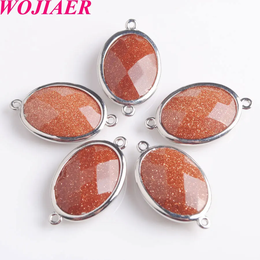 Silver-color Double Hole Oval Faceted Natural Stone Gem Beads for DIY Earring Connector Handcrafted Jewelry BZ902