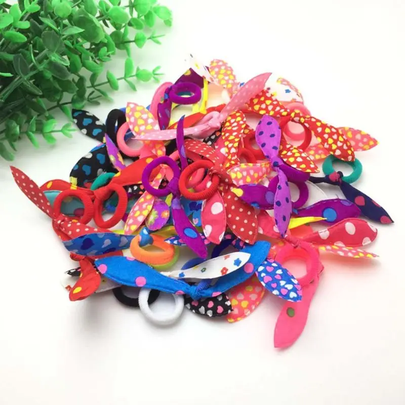 

100Pcs Children Elastic Hair Band Cute Polka Bow Rabbit Ears Headband Girl Ring Scrunchy Baby Ponytail Holder Hair Accessories