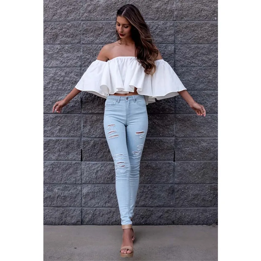 Women Long Sleeve Womens Summer Tops Ruffle Blouse Shirt Women Korean Style Shirt Cotton New Sexy Women Strapless Top