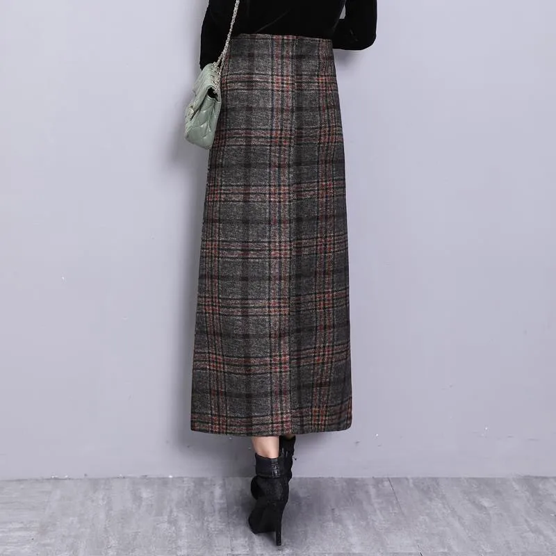 Elegant Retro Female Hight Waist Woolen Long Plaid Skirt Women Casual Straight Vintage Fashion Maxi Skirt Jupe Longue Femme Slim