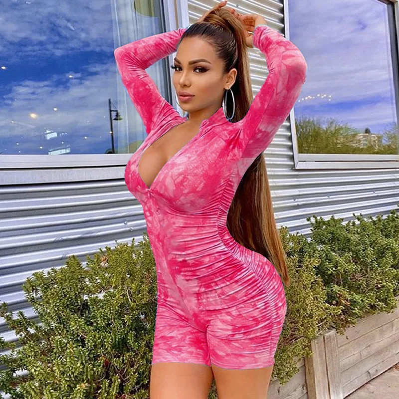 women printed skinny bodysuit length sleeve playsuit o neck zipper stretch ruched leotard summer female sport casual romper