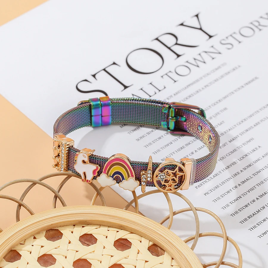 Hip Hop Style Stainless Steel Mesh Bracelets For Women Men Unicorn Rainbow Star Lightning Charm Watch Bracelet Jewelry Gift image 6