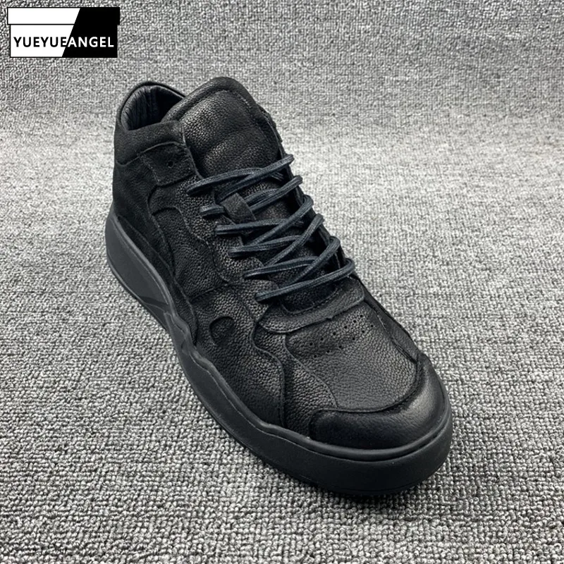 Fashion Vintage Flat High Top Shoes Men Autumn Winter Round Toe Black Sneakers Street High Quality Leather Male Casual Shoes