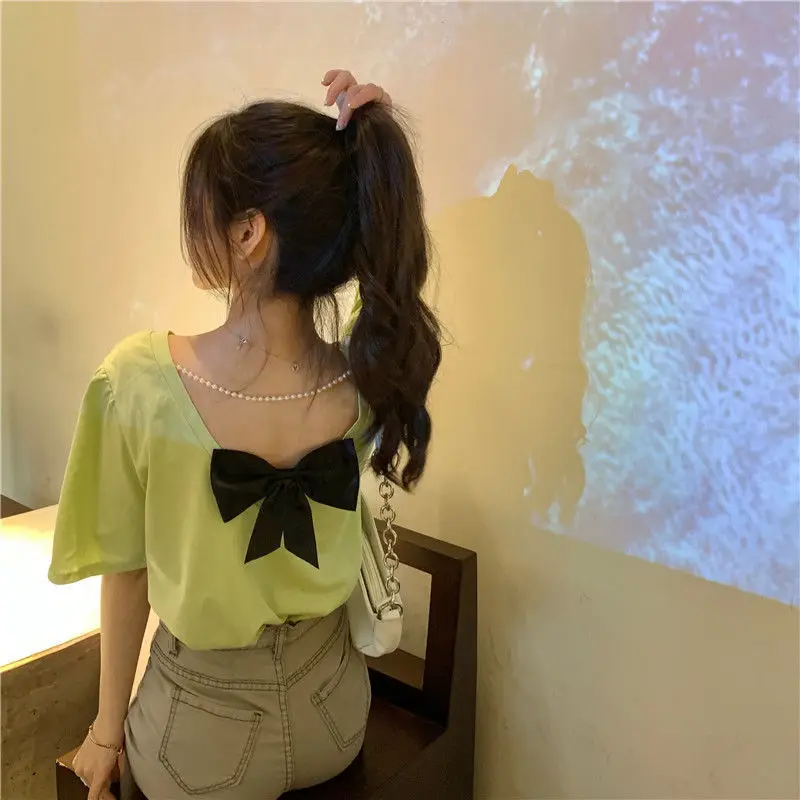 Short Sleeve T-Shirts Women Backless Ins Basic Tees Femme Tops Fashion Ladies Retro Ulzzang Korean Style Teens Preppy Simple New