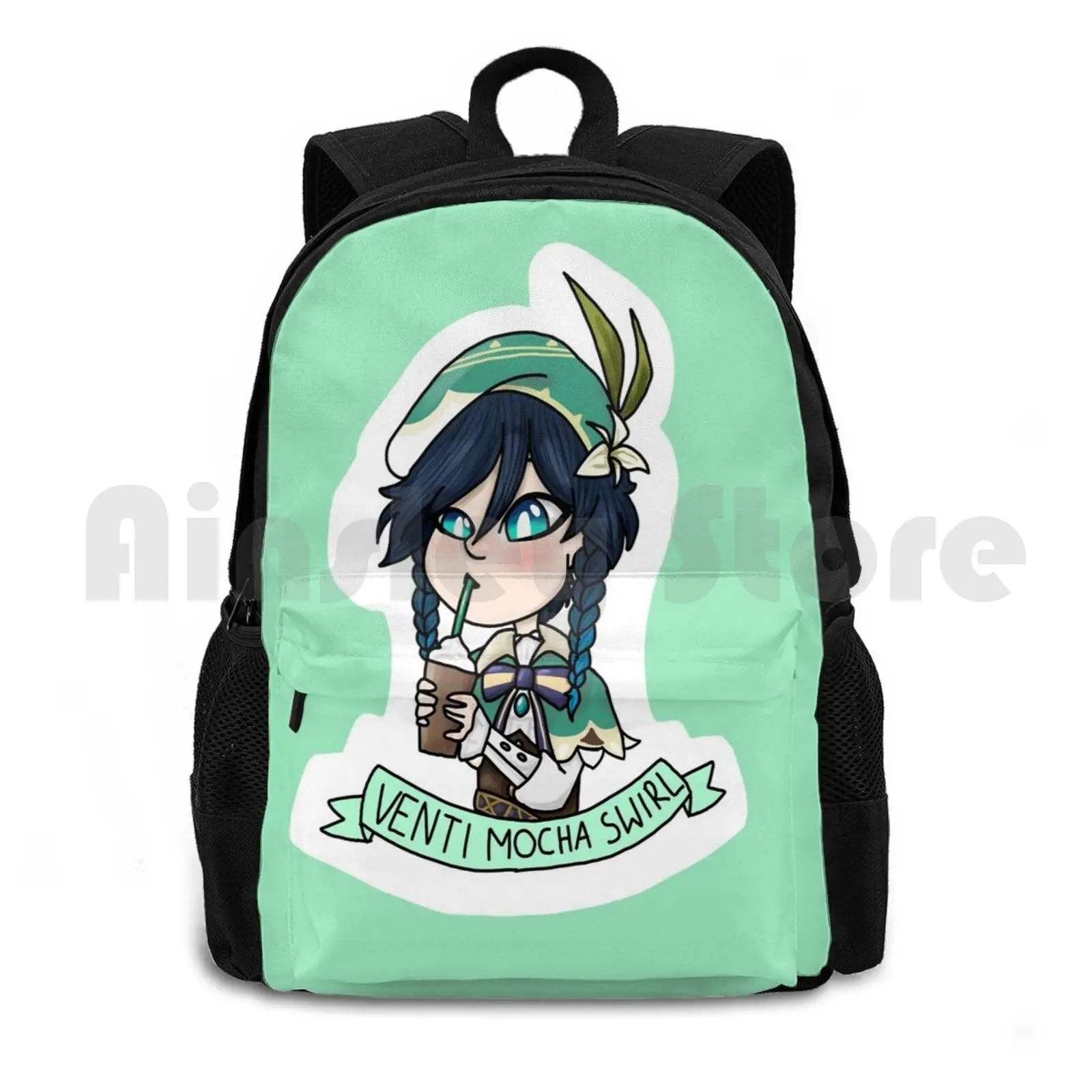 Venti And His Venti Mocha Swirl Outdoor Hiking Backpack Waterproof Camping Travel Genshin Impact Venti Cute Character Barbatos