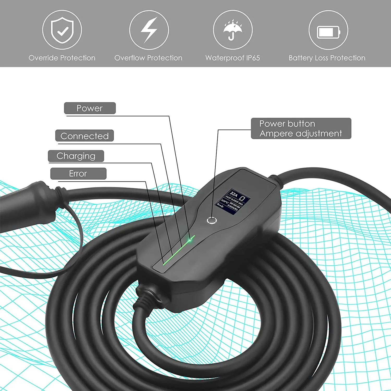 Portable EV Charger Type 2 IEC 62196-2 Adapter  32Amp Electric Vehicle CEE Plug 220V-240V Car Charging Cable