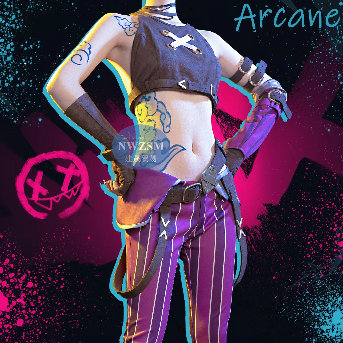 Arcane Jinx Cosplay Costume Game LoL Arcane Cosplay Women Sexy Halloween Top Pants Full Set With Wig