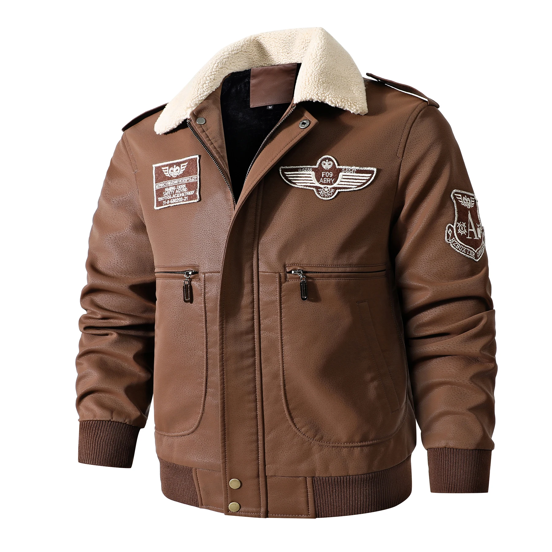 Men\'s Bomber Motorcycle Leather Jacket Vintage Brown Military Flight Coat Winter Fleece Faux Leather Pigskin Plus Size Jaqueta