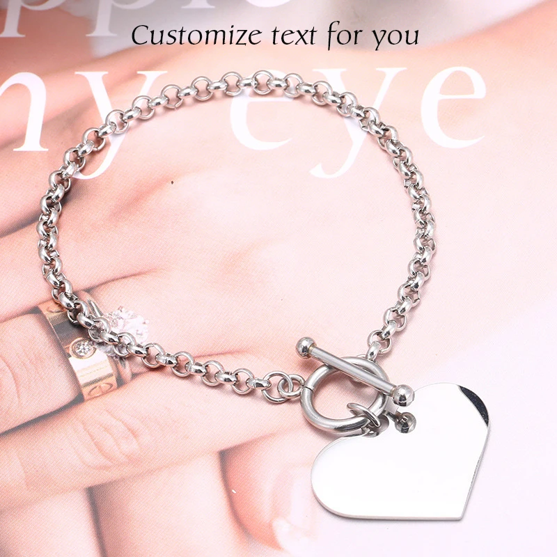 MYLONGINGCHARM Women Bracelets Stainless Steel Heart Charms 23x30mm Customize Name Words Charm with OT Clasps Ball Chain M0141