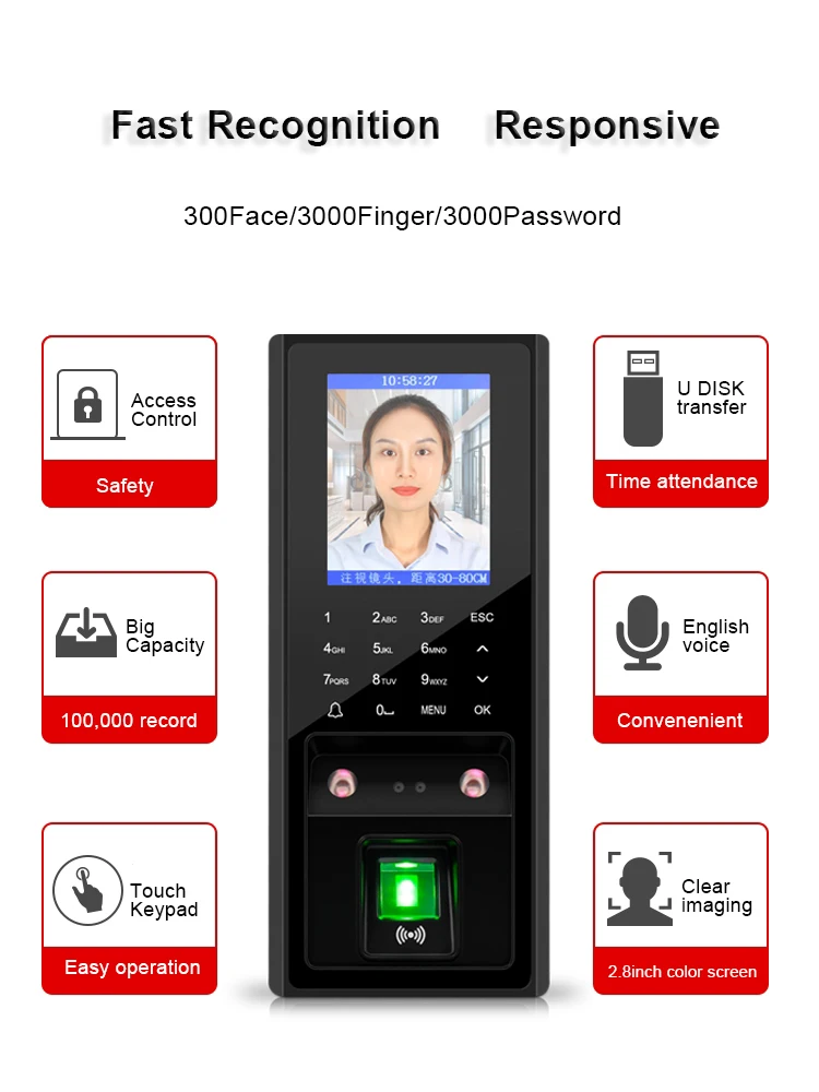 Gesicht Anerkennung Access Control System Gebaut-in USB Port Touch Tastatur Optische Sensor RJ45 Interface 12V DC, 3A