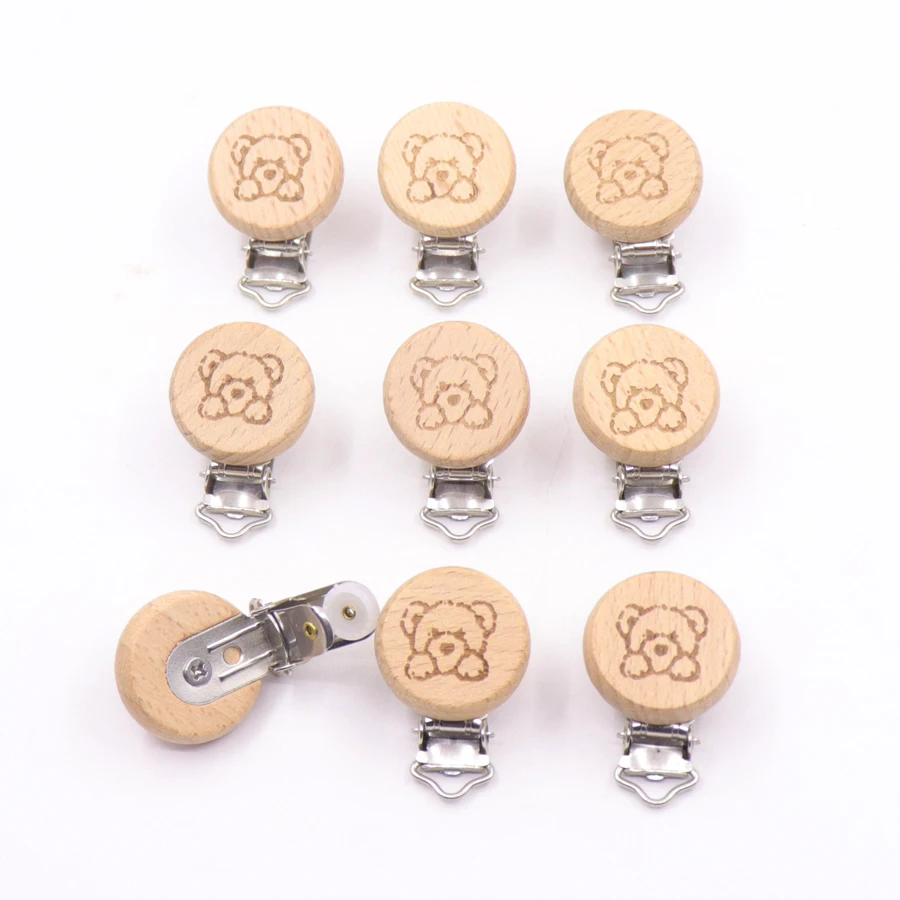 

10pcs Pacifier Clip CartoonOblate bear clip Engrave Wooden Soother Clip Accessories Of Diy Dummy Clip Chains Wooden Baby Teether