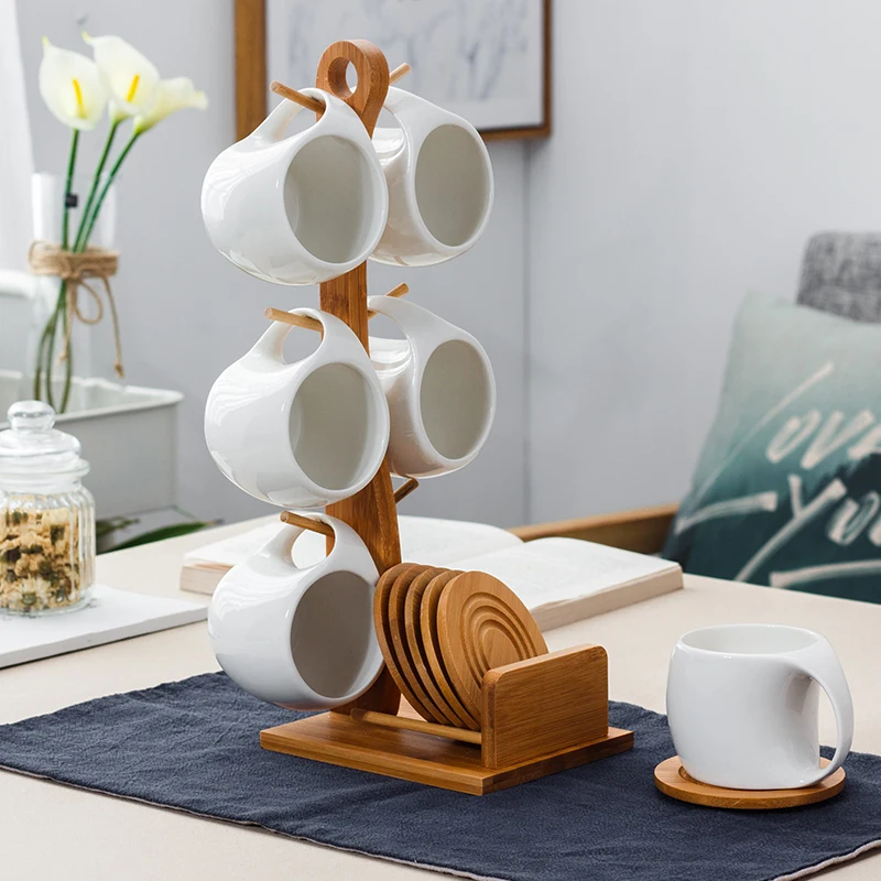 Simple Ceramic Tea Pot Set 190ml Tea Cup, Coffee Cup, Three-dimensional Bamboo and Wood Support, Striped Anti-skid Coaster