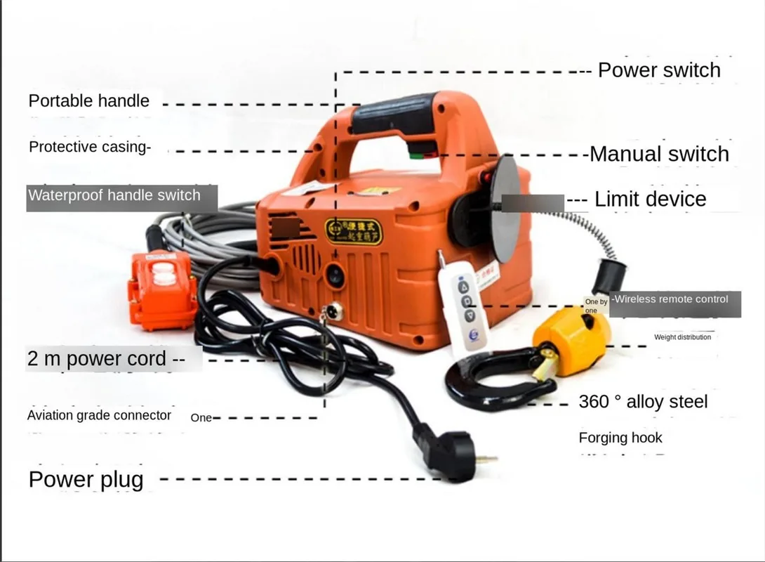 220V Portable Electric Winch 500KGX7.6M 200x19M with Wireless Remote Controller Winch Traction Block Electric Hoist Windlass