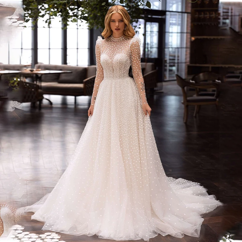 

Bohemian Polka Dot Tulle Wedding Dresses Cut Off Back Full Sleeves High Neck Floor Length Beach Ivory Bridal Dress