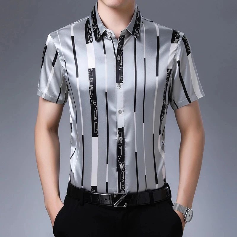 Camisas de seda a rayas de manga larga para hombres, ropa de primavera, camisas de vestir Caual