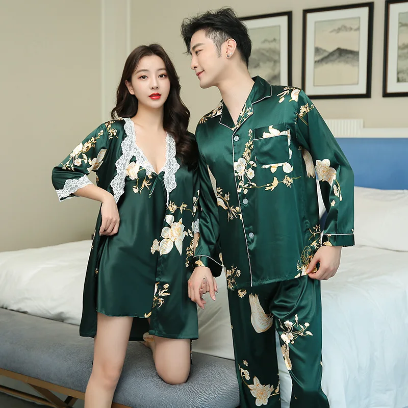 Sexy Flower Printed Rayon Women Robe Sets Men Top Trousers Pajama Suit Couple Pyjamas Wedding Morning Gown Home Service