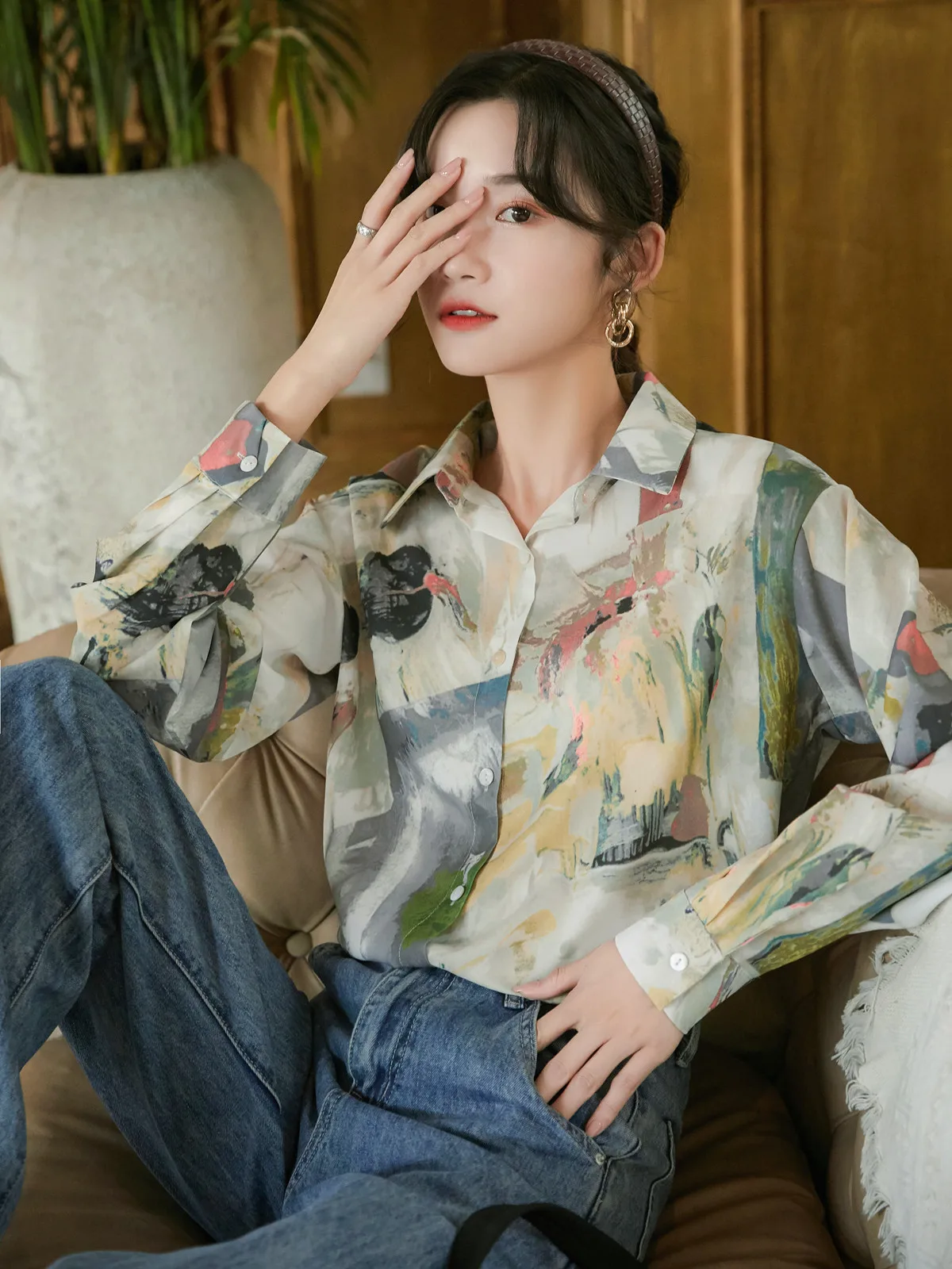 CHEERART Vintage Painting Women Top And Blousue Long Sleeve Button Up Aesthetic Shirt Loose Print Designer Top Autumn Clothes