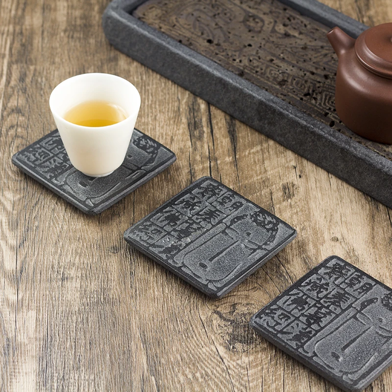 Coaster Tea Cup Bowl Mat Table Pad Nature Black Stone Placemat Teaware Home Decor Desk Accessories Durable Buddha Pattern Gift