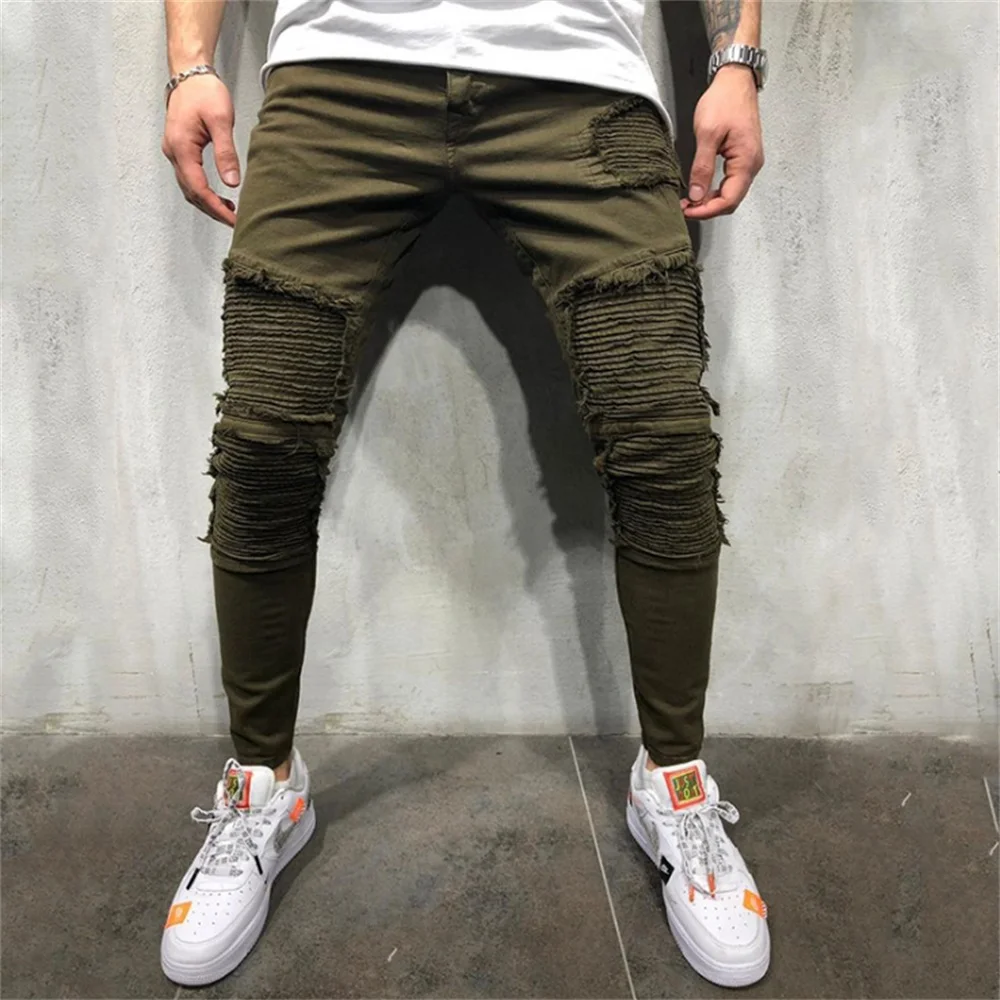 Summer  Army Green Stiletto Jeans Men's Ripped Holes Wrinkled Wave Stripes Decorated High Stretch Pants Slim Locomotive Frayed