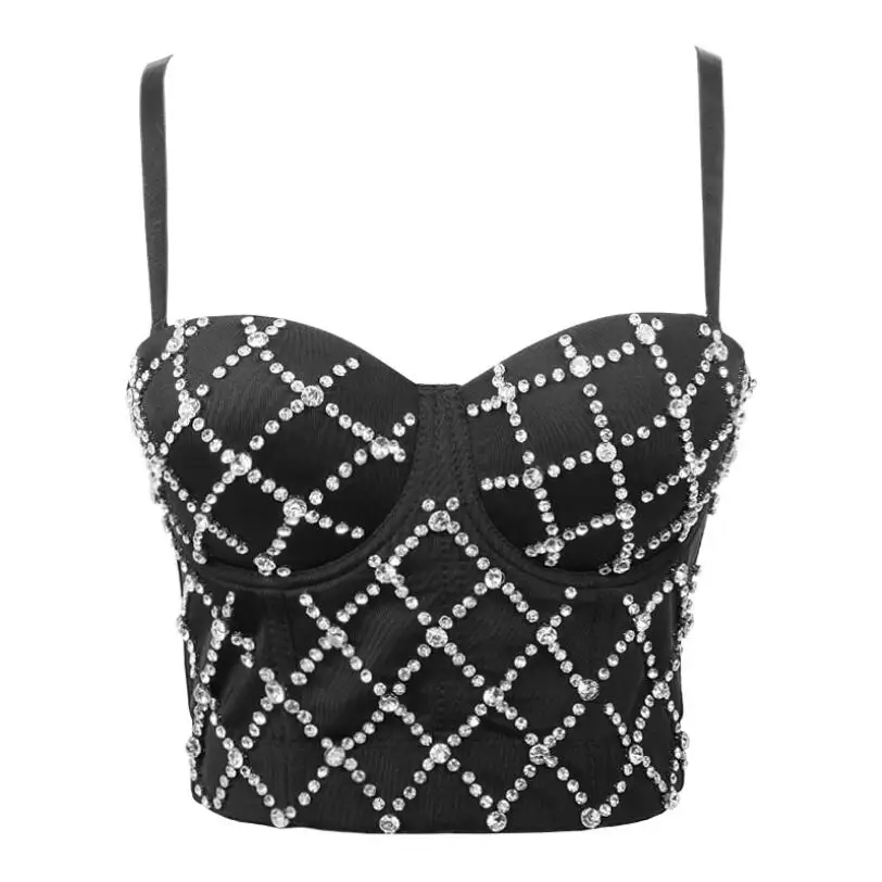 

Fashion 2021 Women Camisole Top Diamond Crystal Corset Sexy Cropped Push Up Bustier Bra Night Club Party Tank Top p107
