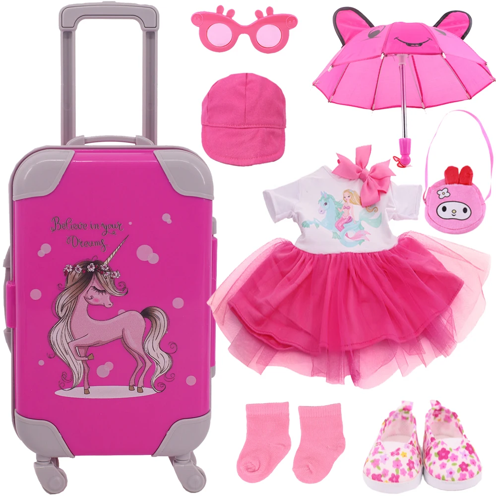 Unicorn Skirt,Suitcase.Bunny Umbrella,Bag,For 18Inch American Doll,43Cm Born Baby,Girl Doll Clothes,Accessories,Birthday Gifts