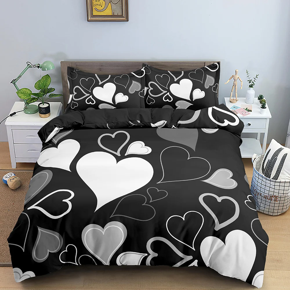 

Love Pattern 3D Bedding Set Luxury Duvet Cover Sets Heart Black White Pillowcase Bed Linen Bed Room Kids Twin Queen King Size