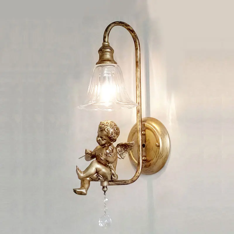 Nordic Gold Angel Wall Lamp Bedroom Bedside Lamp Living Room Decor Corridor Bathroom Fixtures Led Mirror Light Glass Wall Sconce