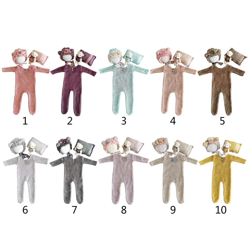 4 Pcs/Set Photo Shooting Clothing Outfits Baby Infants Hat Pillow Romper Jumpsuit Bear Doll Newborn Photography Props 10 Colors