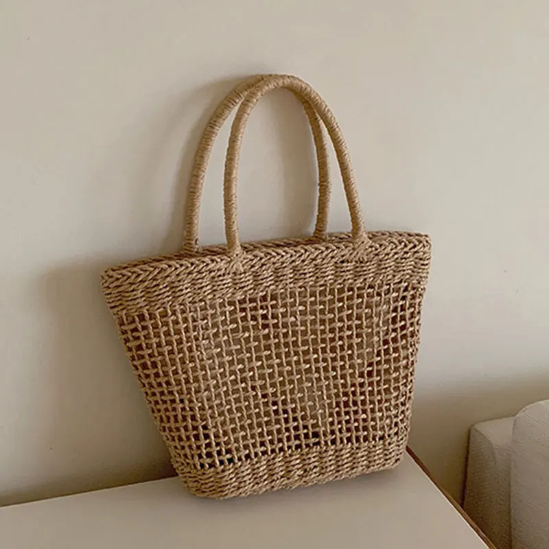 

Casual Rattan Women Handbags Wicker Woven Hollow Shoulder Bags Summer Beach Basket Straw Bag Bali Big Purses Large Capacity Tote