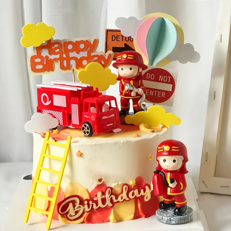 Fire Ladder Truck Water Tank Cake Topper Fireman kid 1st One Year Birthday Party Firefighter Hero Themed Birthday Boy Cake Decor